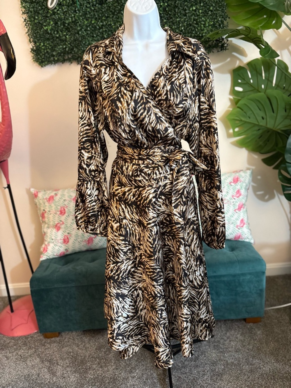 Ashley Stewart- Black and Cream Satin Animal Print Wrap Dress - Picture 3 of 5